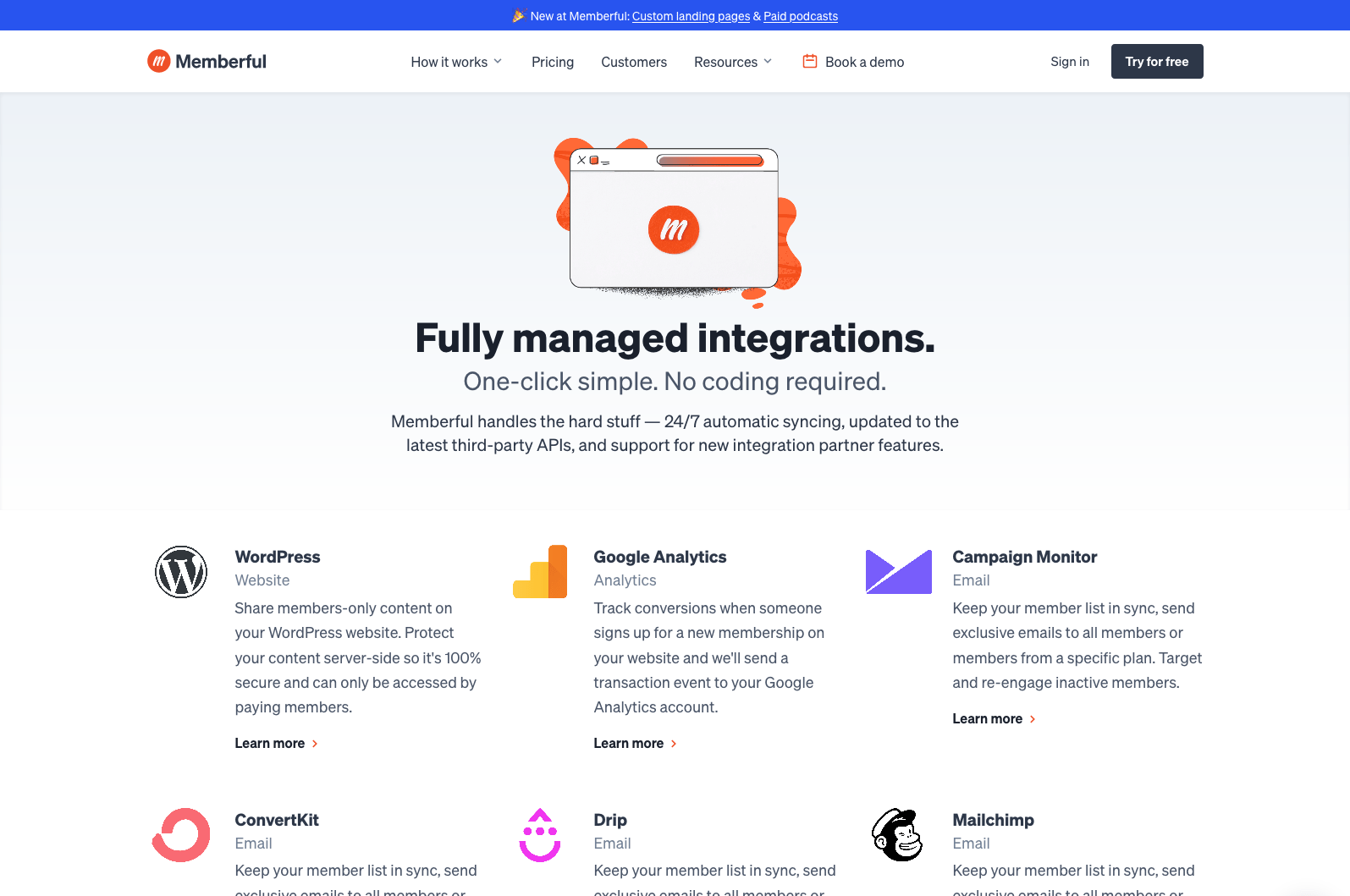 Memberful 'Integrations' page screenshot 2021