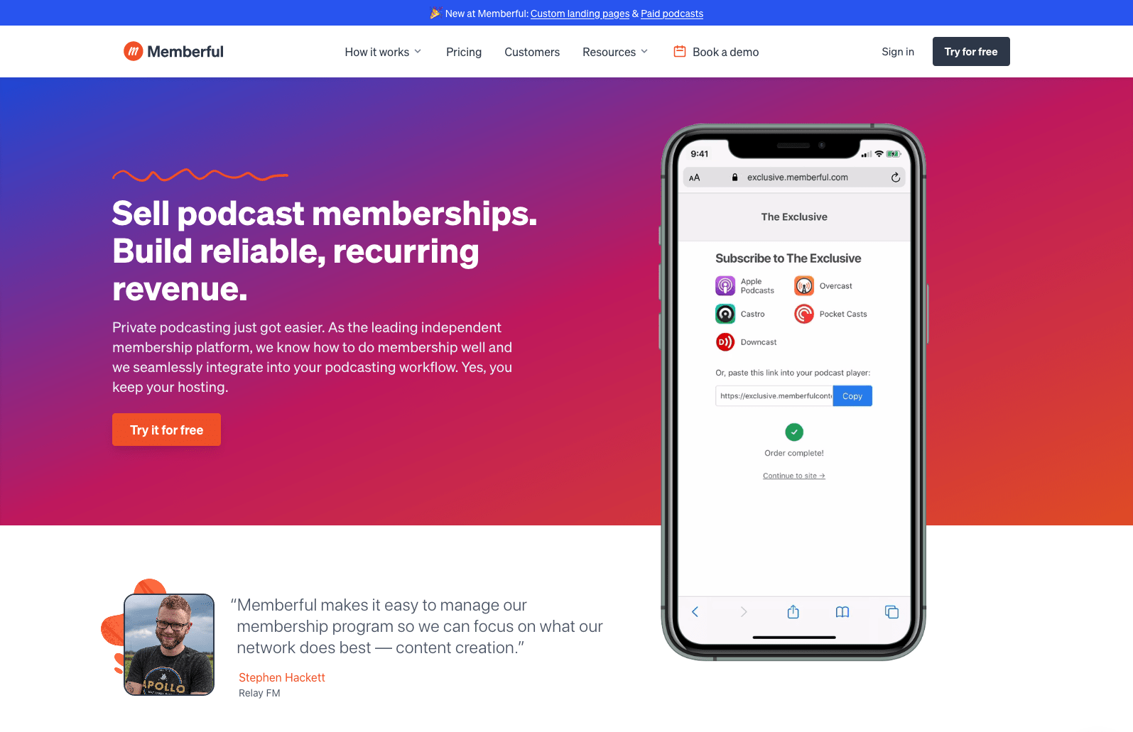 Memberful 'Podcasts' page screenshot 2021