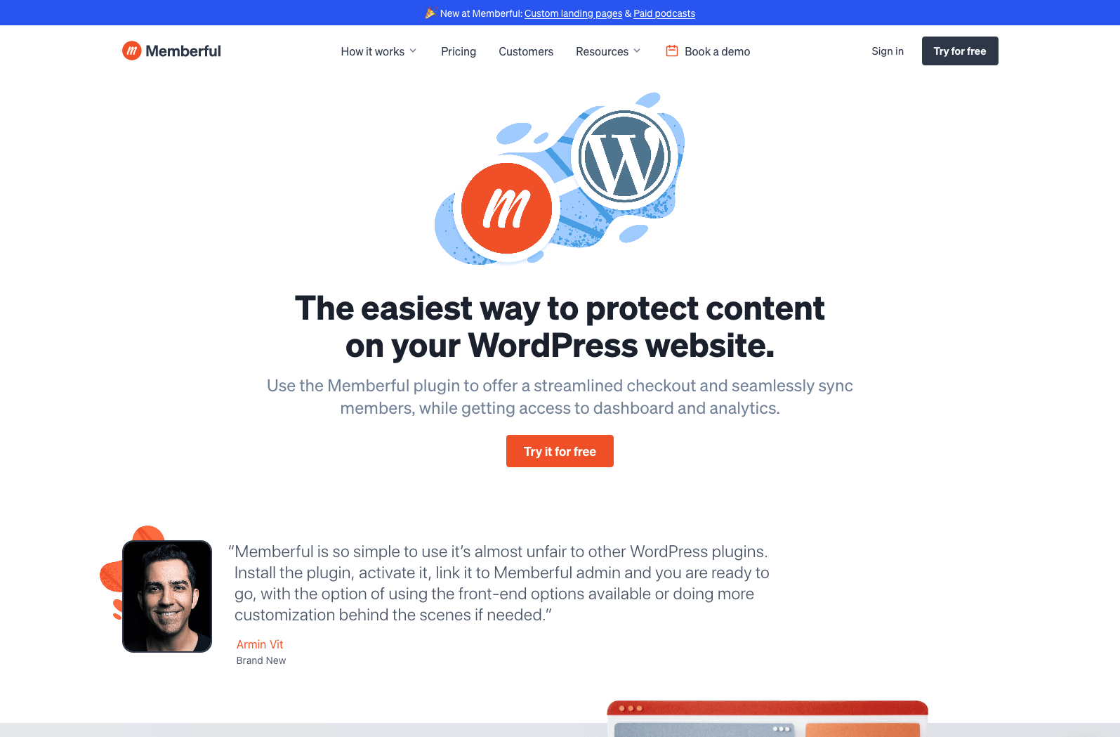 Memberful 'WordPress' page screenshot 2021