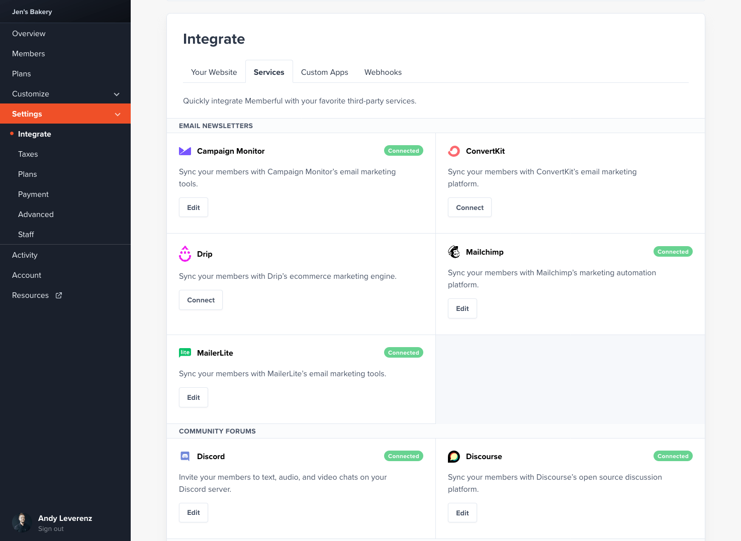 Screenshot of Memberful's managed integrations setting user experience