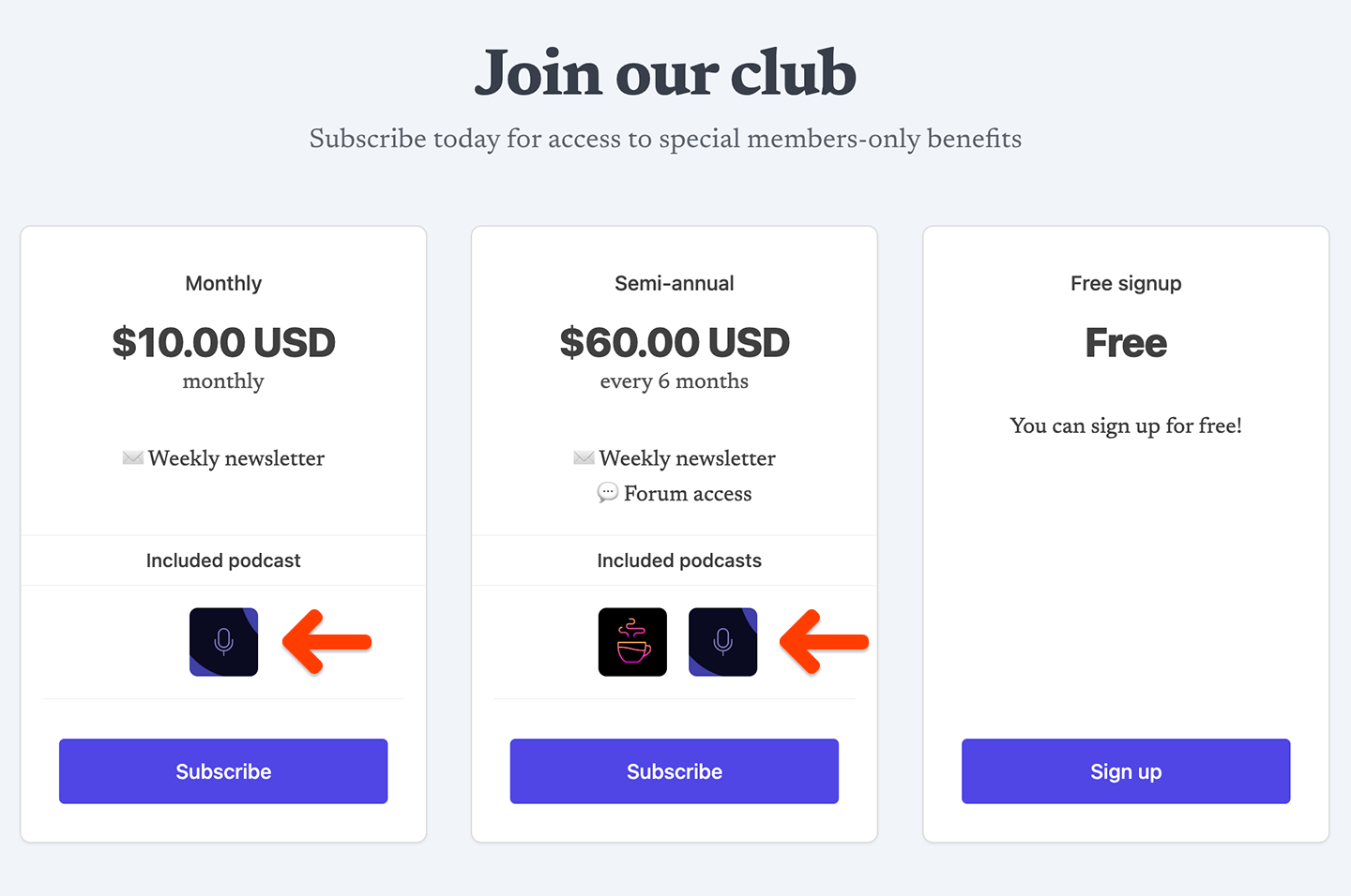 Podcast thumbnails on subscription page