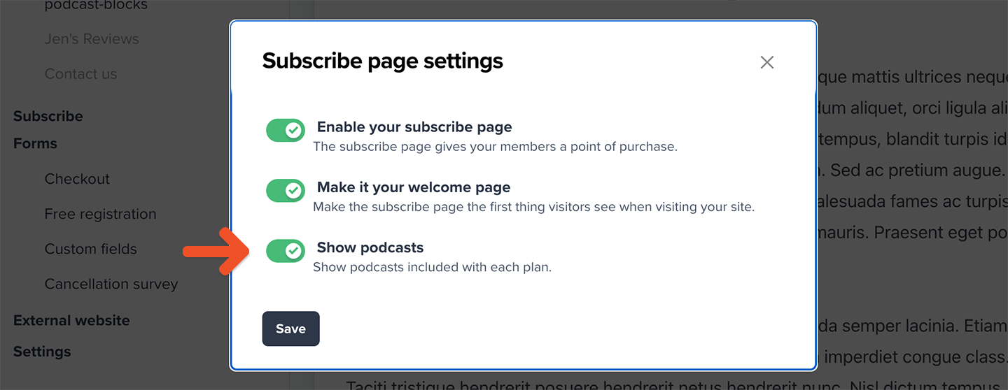 Show podcasts toggle