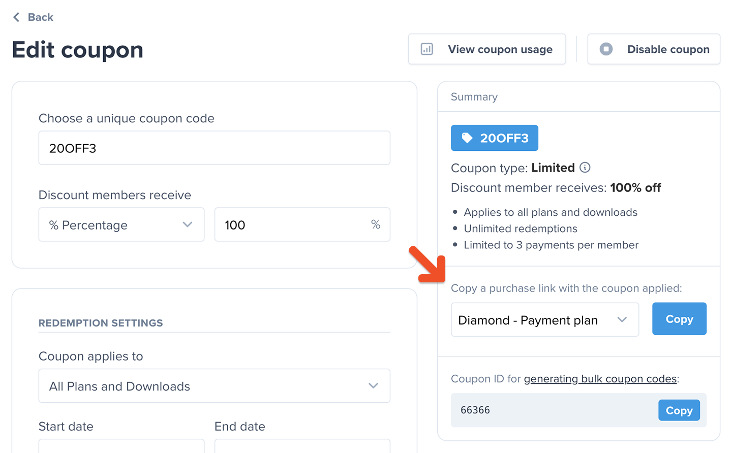 Copy coupon pre-applied purchase link