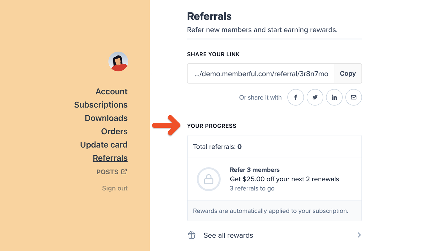 Members can track their referrals and rewards