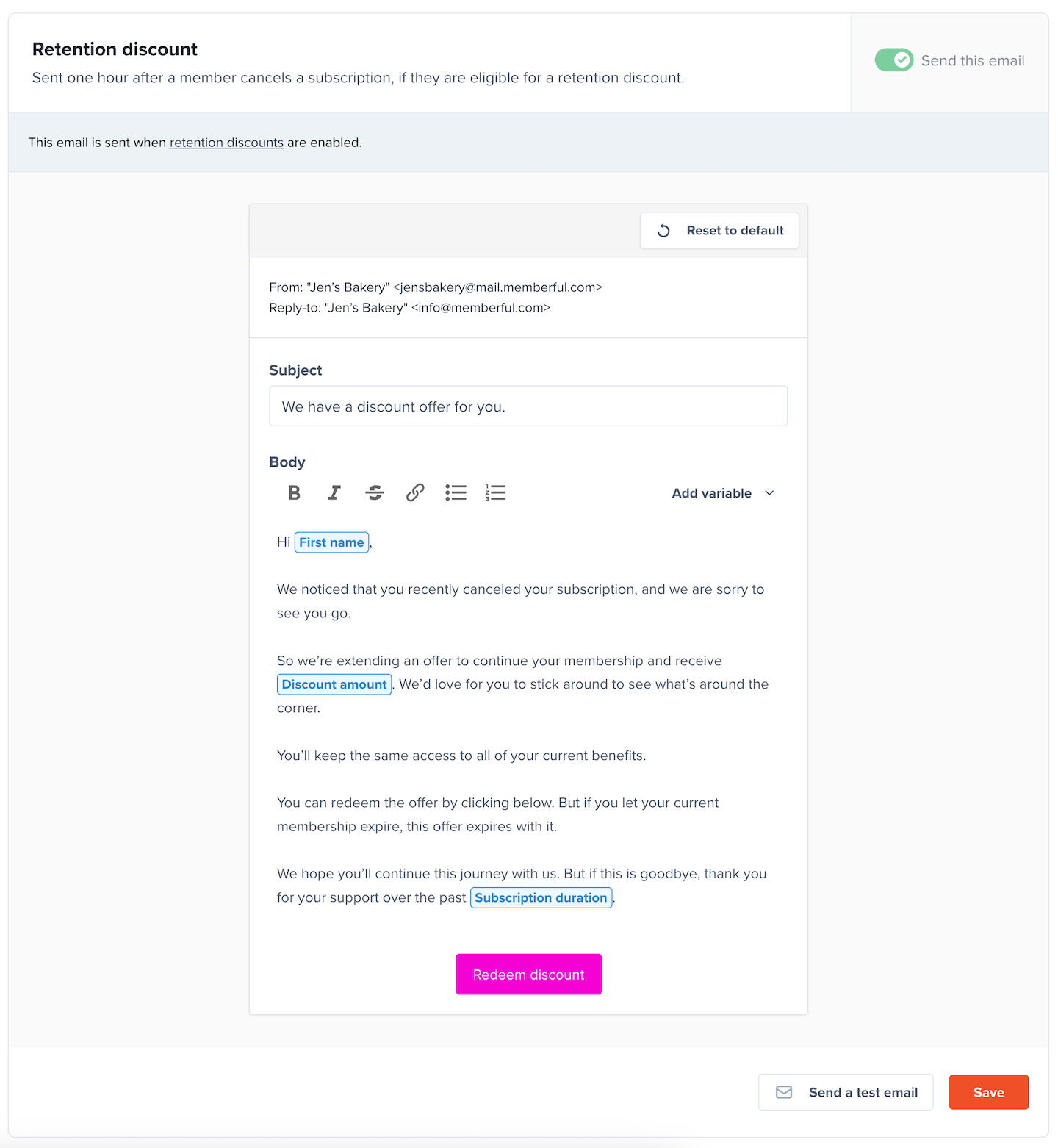 Retention discount email template