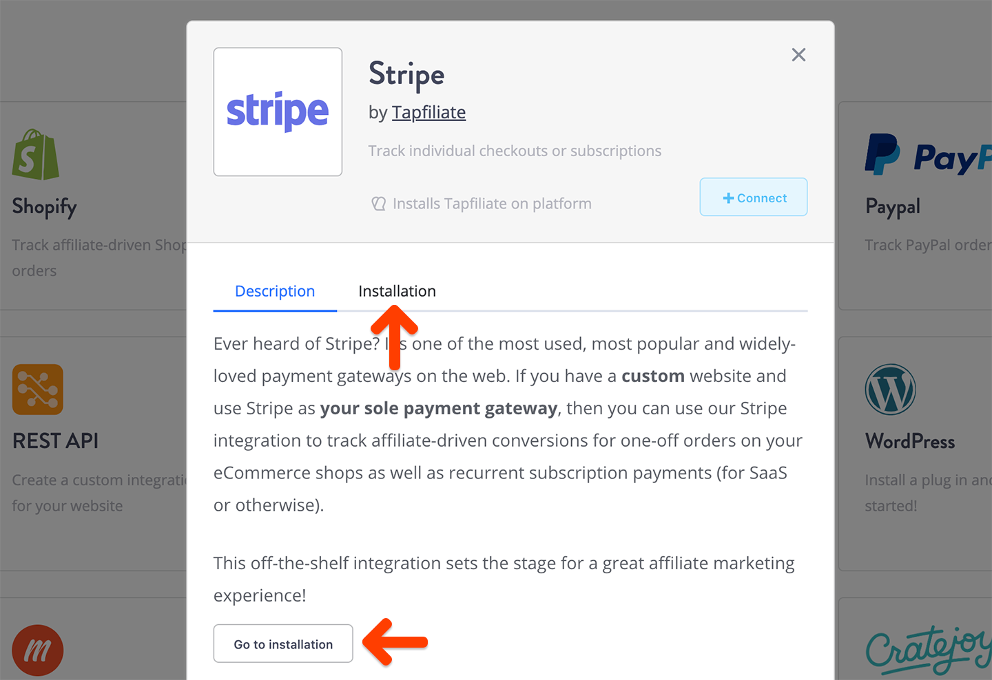 Tapfiliate Stripe integration installation