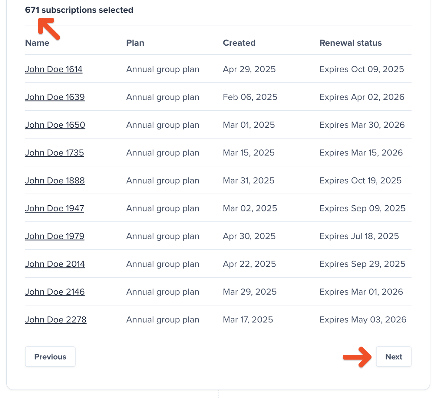 Subscriptions selected list