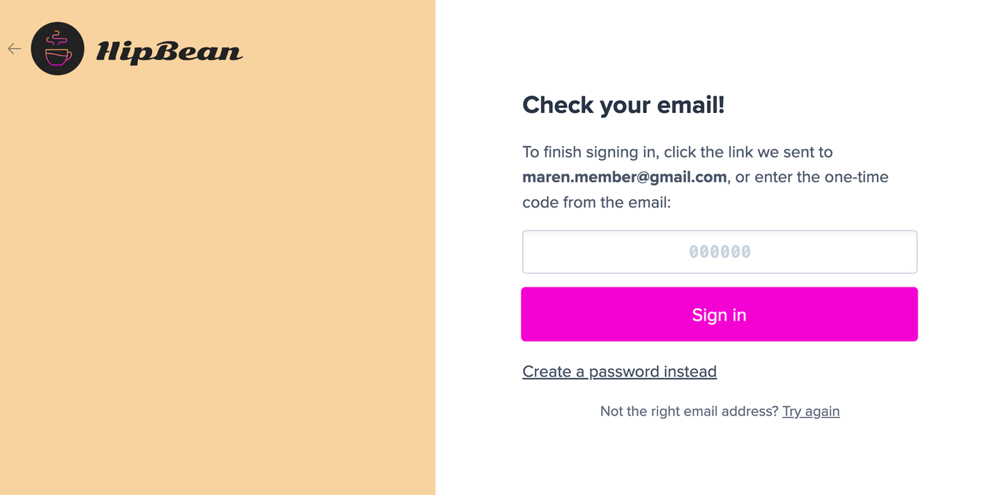 Sign in form with one-time code entry