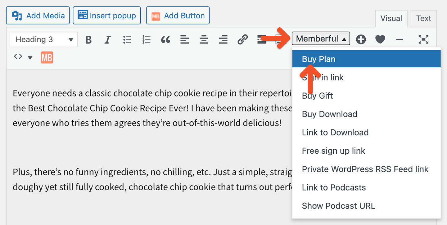 Memberful editor button in WordPress editor