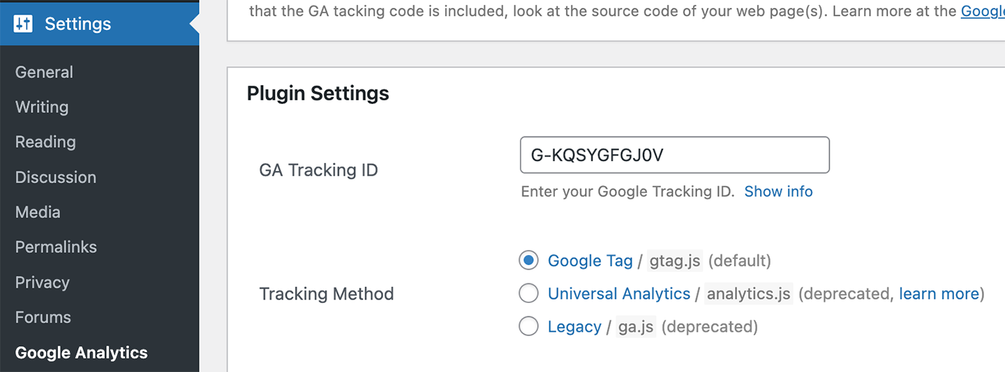 GA Google Analytics plugin settings