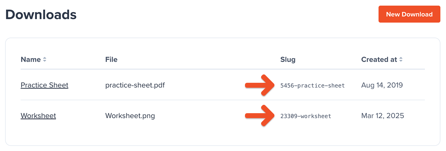 Finding a download's slug in the downloads list