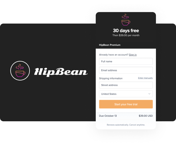 HipBean logo and Memberful overlay checkout showing a free trial option available for purchase