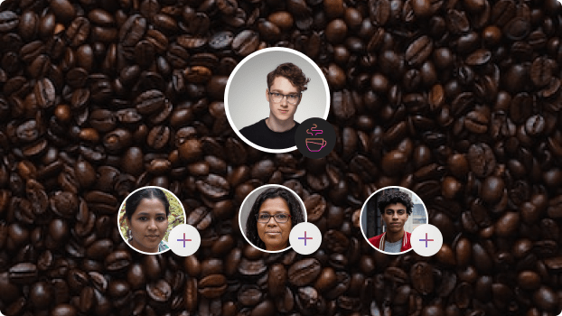 Team hierarchy with avatars above photo of coffee bean background