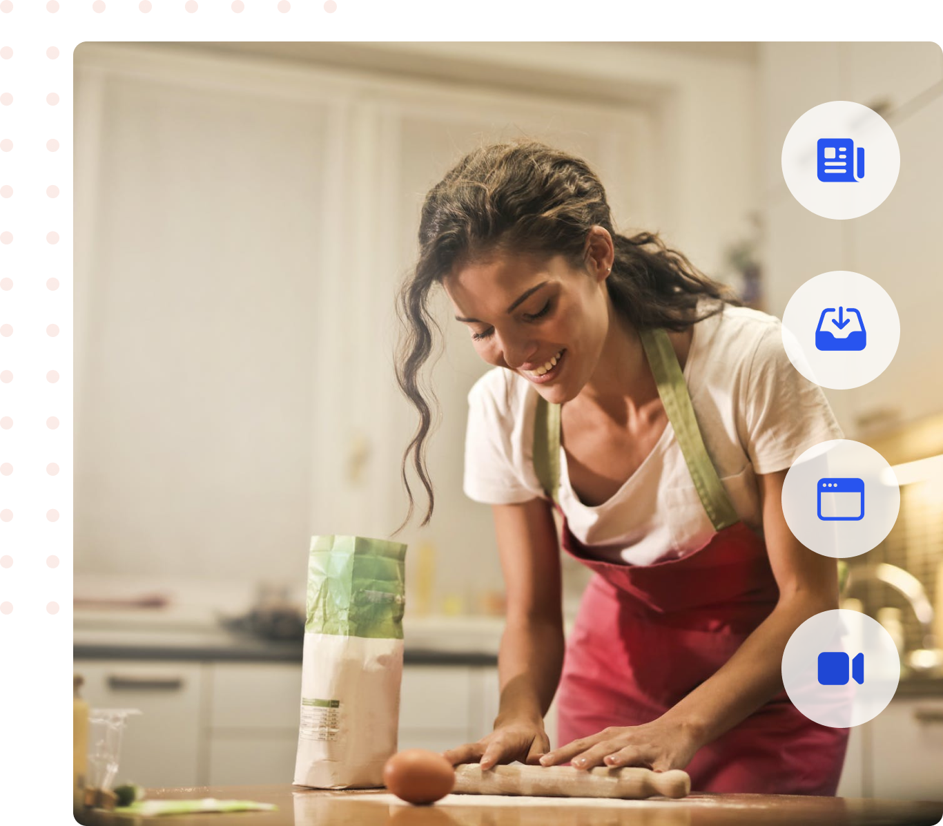 Younger female chef wearing apron rolling dough on countertop with newsletter, email, internet browser, and video icons overlaying the image