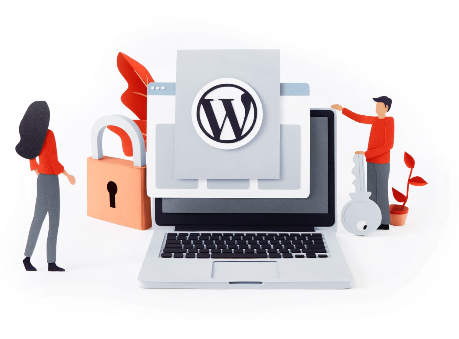 Paper illustration of WordPress logo lock and laptop illustration
