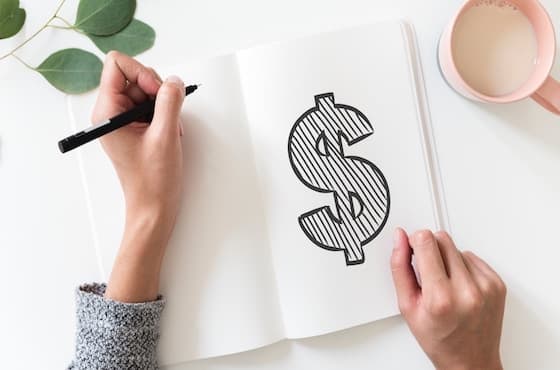 Hand drawing dollar sign in notebook.