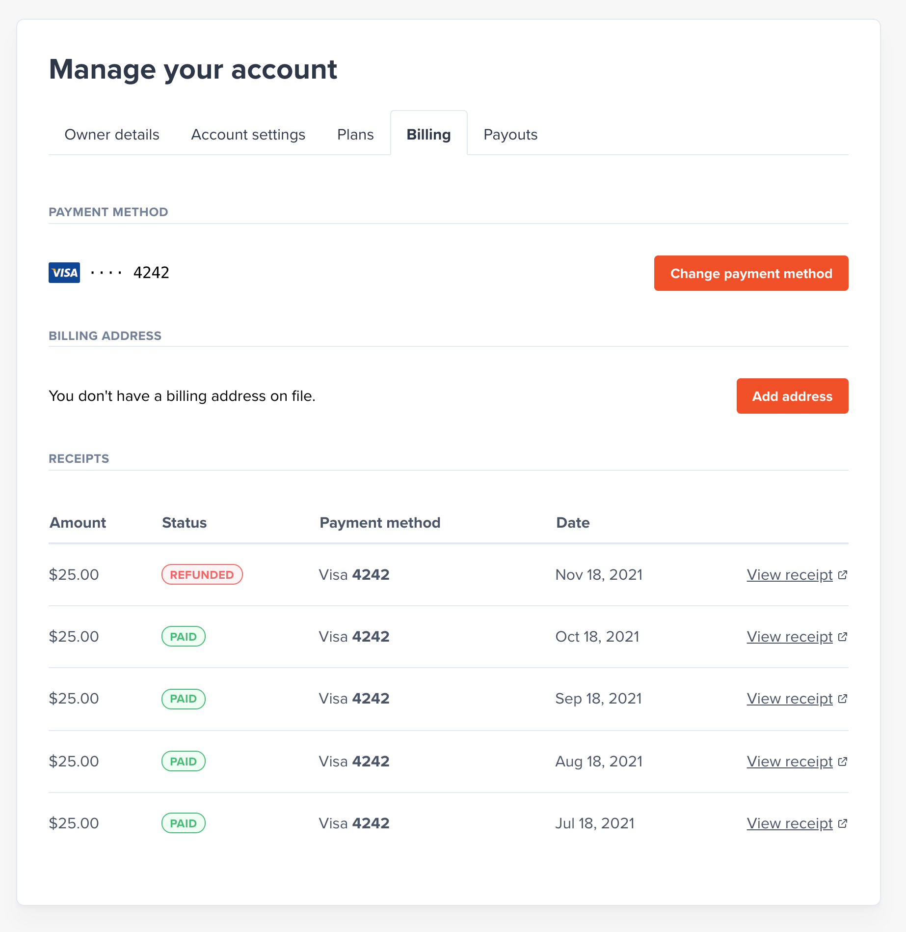 Memberful receipts screenshot