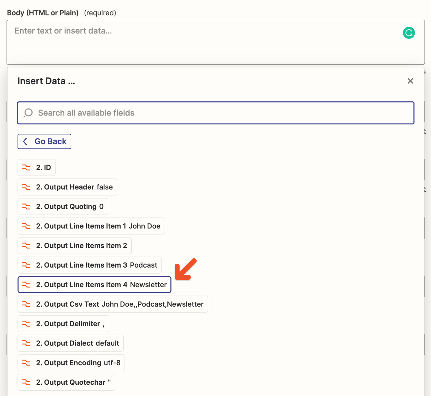 Select an output line item from the Formatter step