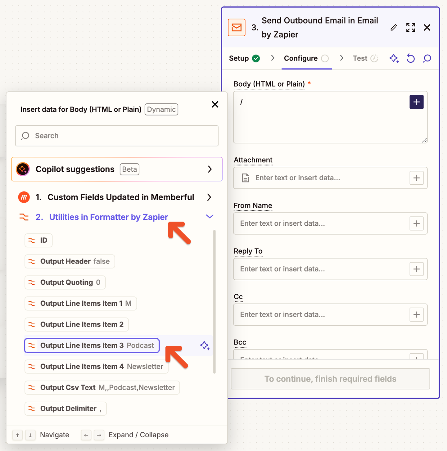 Select an output line item from the Formatter step