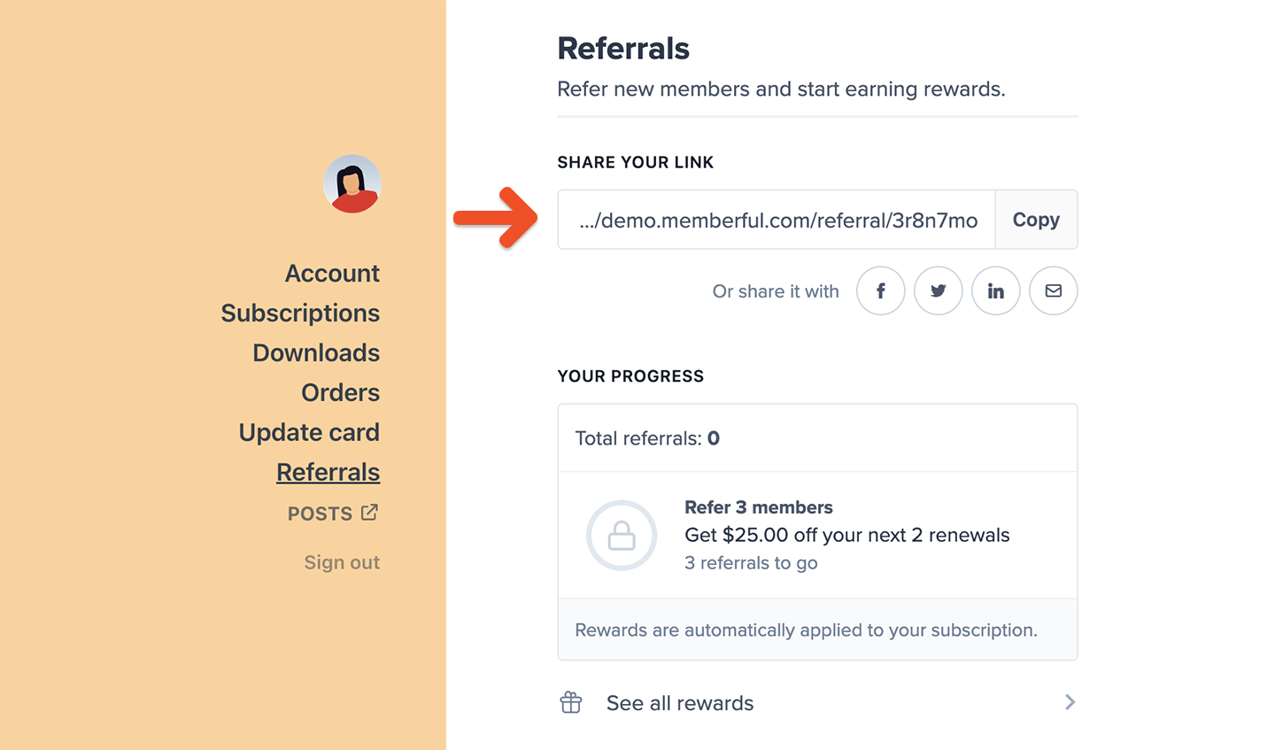 Members can copy their referral link