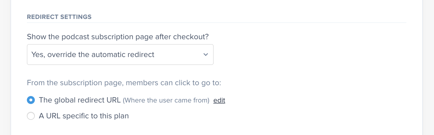 Setting the redirect settings an individual plan