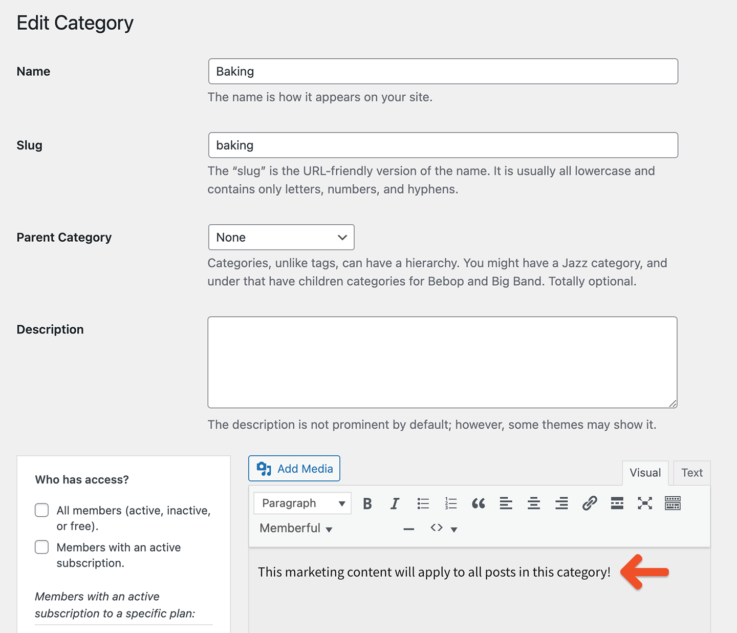 Add marketing content to a category or tag